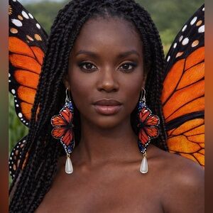 Monarch butterfly Earrings Pearl hand painted lightweight sterling wires OOAK